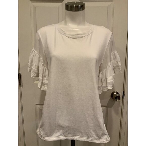 Vanessa Virginia White Shirt W/ Short Sheer Flounce Sleeves, Size Medium - Picture 1 of 8